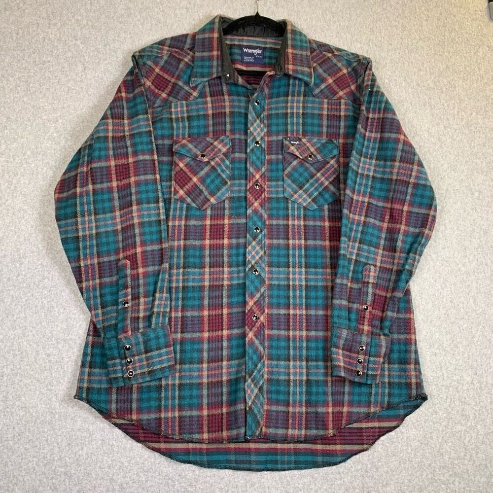Wrangler Mens Size 17.5 Button Front Shirt Green Red Plaid Long Tails Pocket